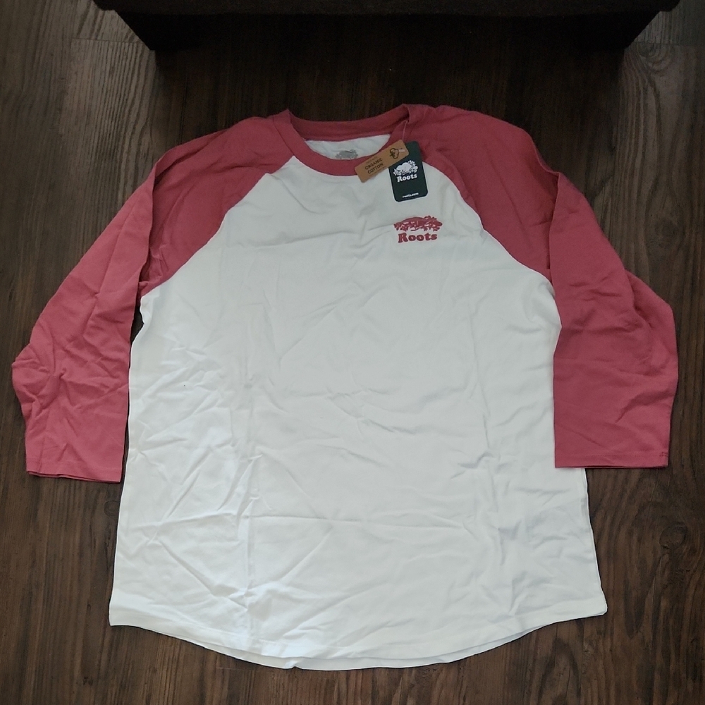 NEW ROOTS Cooper Baseball T'shirt *Discontinued Colour* In Mauvewood Red sz XL
